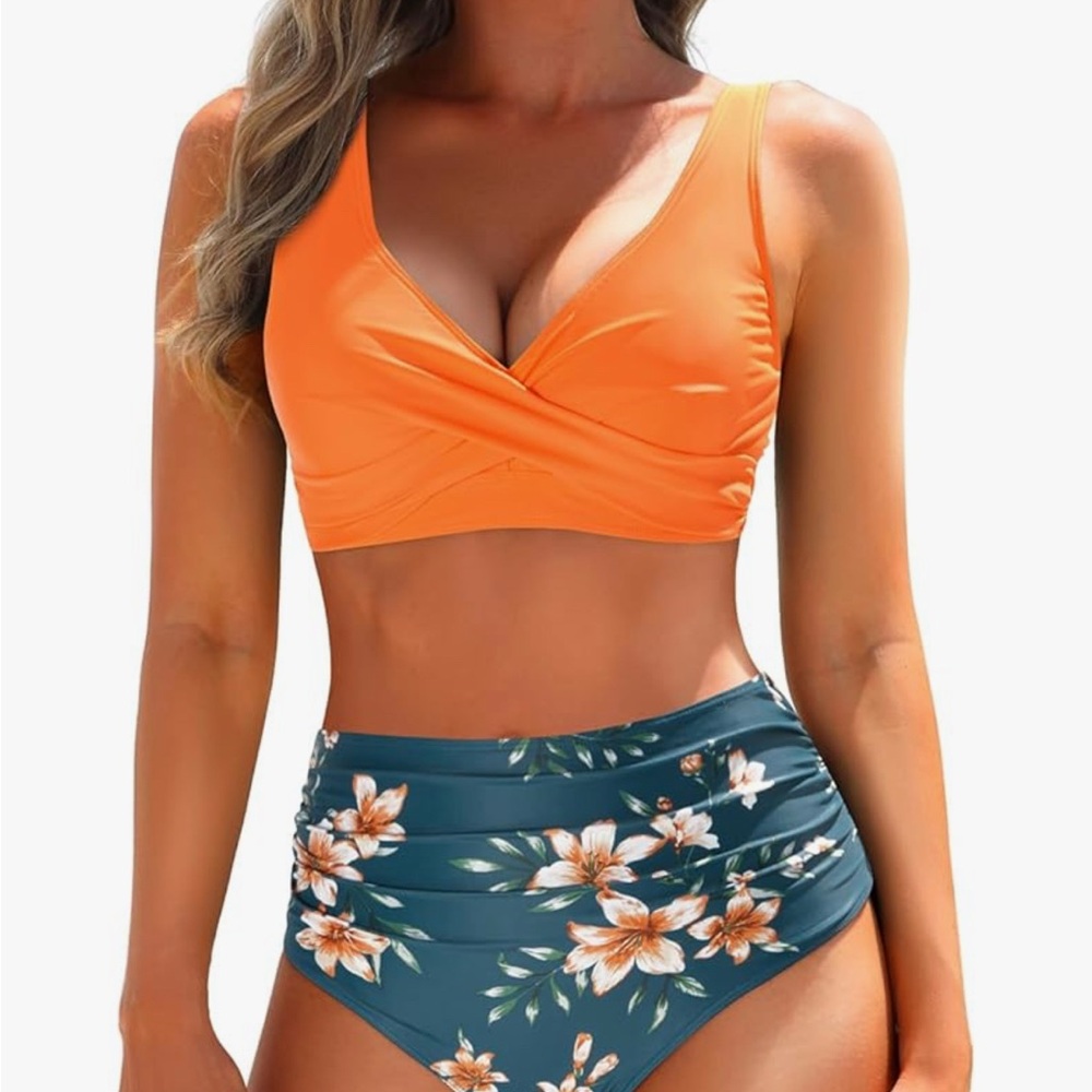 Orange and Green Floral Women's Swimwear Set